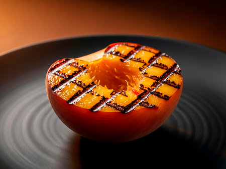 Peach with chocolate on a black plate. Shallow dof.の素材