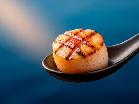 Grilled scallops in a spoon on a blue background.の素材