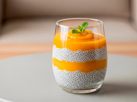 Chia pudding with mango puree in a glass on a tableの素材