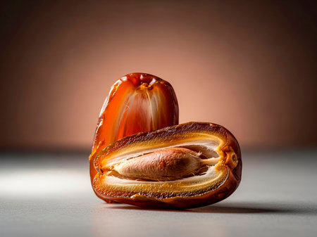 Palm oil seed on a brown background. Close-up.の素材