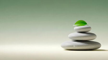 zen stones with green leaf on white background, 3d render illustrationの素材