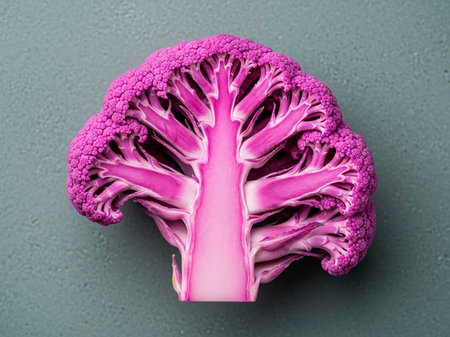 Fresh purple cauliflower on dark background. Top view, copy spaceの素材