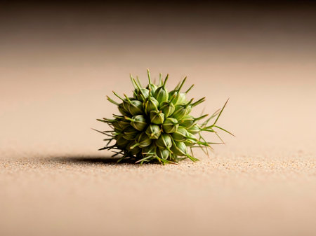 Close up view of a green flower on a background of sand.の素材