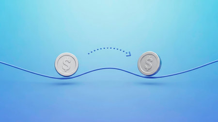 Two silver coins with dollar sign on blue background. 3D renderingの素材