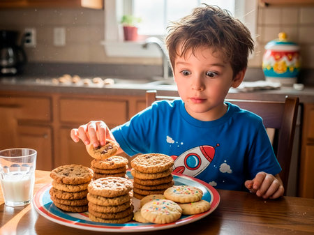 Little boy eating cookies in the kitchen at home. Healthy food concept.の素材