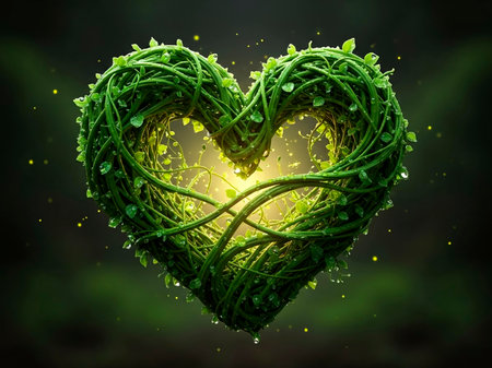Heart made of green leaves on dark background. 3D illustration.の素材