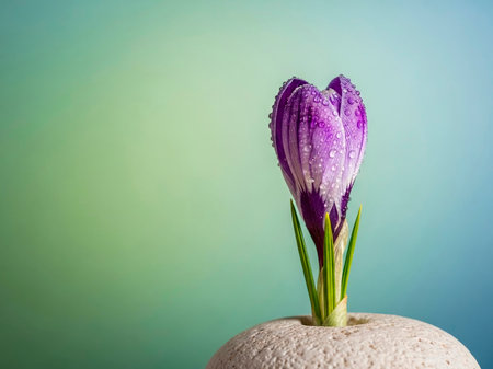 Purple crocus flower in a vase on green background.の素材