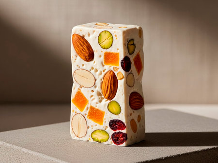 Handmade soap with different fruits and nuts on a gray background.の素材