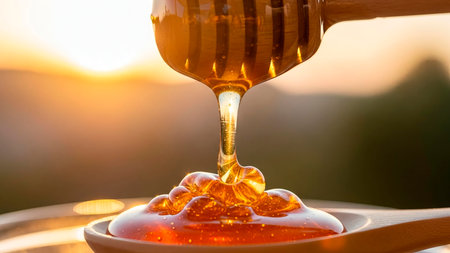 Honey dripping from a wooden honey dipper into a bowl.の素材