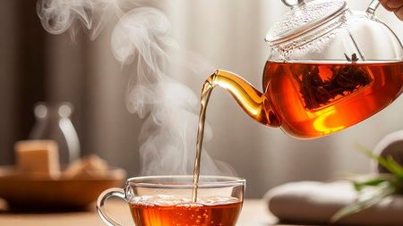 Teapot pouring tea in a cup on a wooden table.の素材