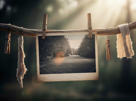 Vintage photo frame hanging on the clothesline in the morning sunの素材