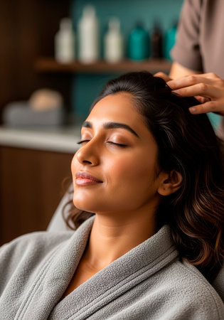 beautiful asian woman with closed eyes receiving facial massage in spa salonの素材