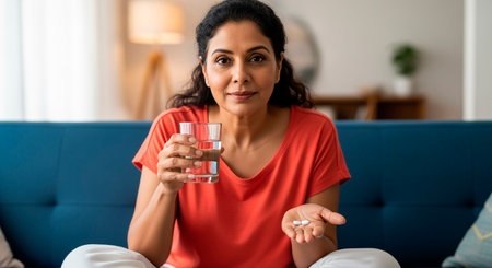 indian woman with pills and glass of water on sofa at homeの素材