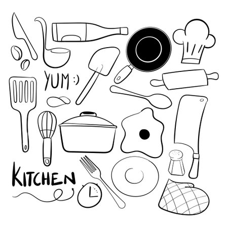 Kitchen Set Items Cutlery Icon Vector Illustration Random Kitchen Doodle vectorのイラスト素材