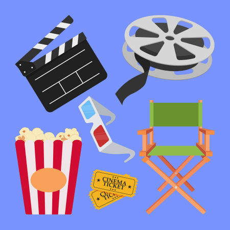 Cinema flat icon set. Cinema movie set vector icons. cinema film director objects illustration. cinema elements icon vector.のイラスト素材