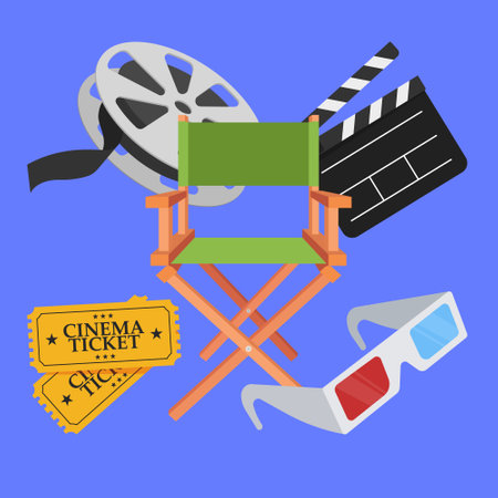 Cinema flat icon set. Cinema movie set vector icons. cinema film director objects illustration. cinema elements icon vector.のイラスト素材