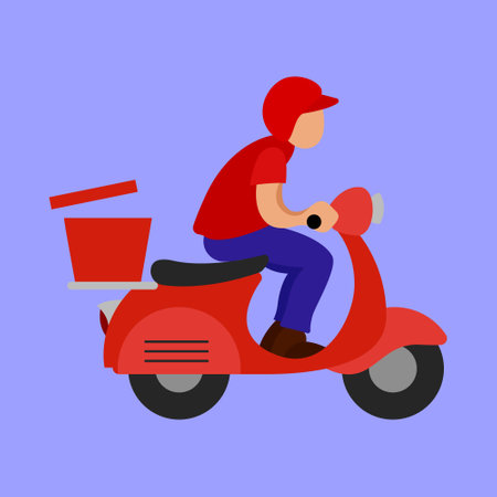 Delivery guy Vector Illustration. Delivery man on Scooter illustration Icon. Food Delivery rider vectorのイラスト素材