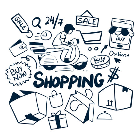 Shopping drawings vector. hand drawn shopping scribbles vector. online shopping vector doodlesのイラスト素材