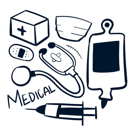Medical doodle set with stethoscope, first aid kit and pills. Hand drawn medical doodles vector. medical doctor scribbles icons set. medical healthcare drawingsのイラスト素材