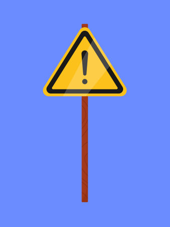 Warning triangle with exclamation mark on blue background. Caution sign. Vector illustrationのイラスト素材