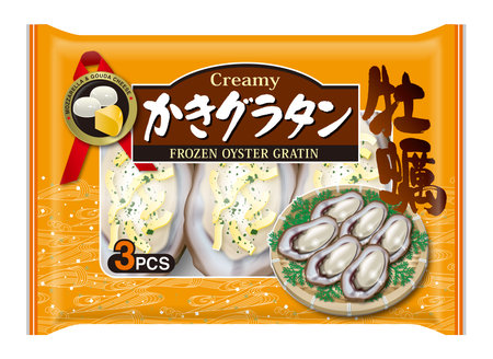 Illustration of oyster gratin packaging bag. The title is Japanese. The title is "oyster gratin", and the meaning of the vertical letters on the right is "oyster".の写真素材