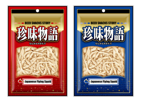 Illustration of a beer snack packaging bag. The title is in Japanese and means "snack's story".の写真素材