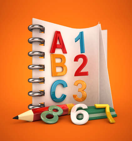 alphabet notebook with pen and erase 3d renderedの写真素材