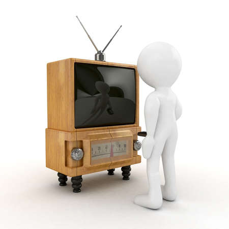 3d man watching retro tvの写真素材