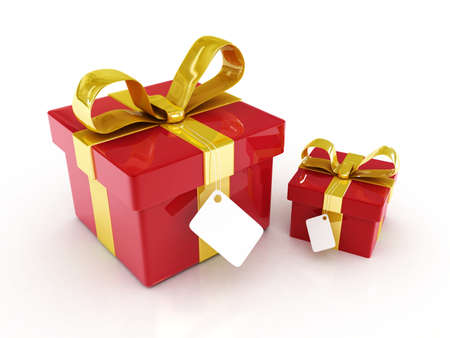 red gift boxes with yellow ribbon 3d renderedの写真素材
