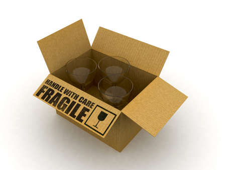 an open cardboard with glass-handle with care-FRAGILEの写真素材