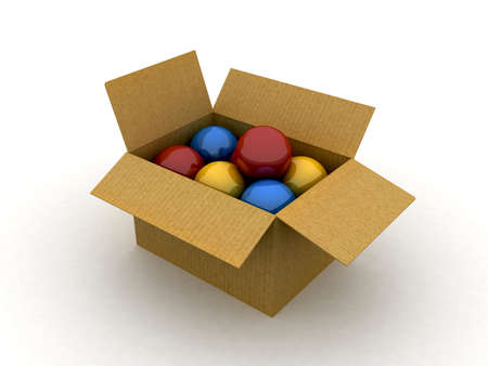 An open cardboard box with multicolor balls 