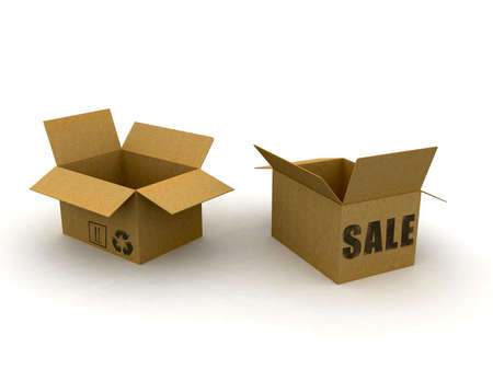 3d cardboard box isolated with sale textの写真素材