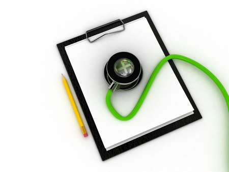Medical clipboard and stethoscope isolated on white backgroundの写真素材