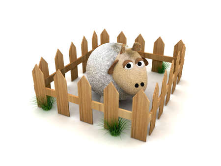 3d sheep with wooden fenceの写真素材