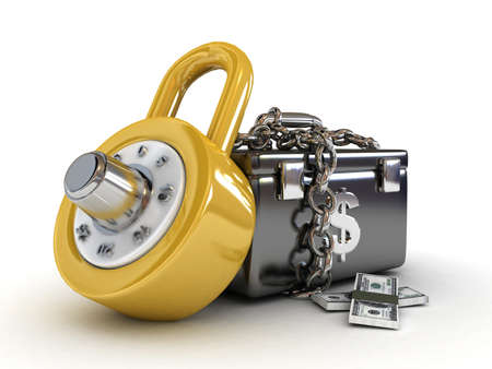 money box with dollars and lock-3d rendered の写真素材