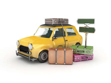 3d Yellow car and suitcases -travel conceptの写真素材
