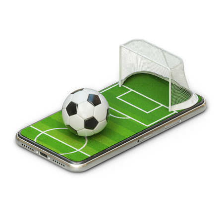 3d illustration of a soccer field on a smartphone screenの写真素材