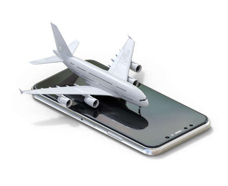 3D illustration of commercial airplane on smartphone.isometric isolatedの写真素材