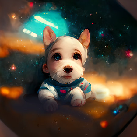Illustration of a cute dog in Galaxyの写真素材