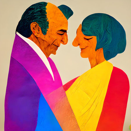 Intimate celebration illustration of mature 45-year-old couples exchanging vows of marriage, in the style of pop artの写真素材