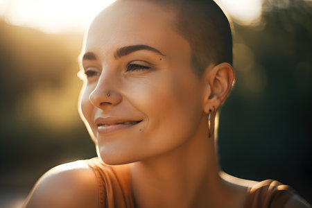 Portrait of a beautiful young woman afflicted with Cancer, smiling and looking at the camera.の素材