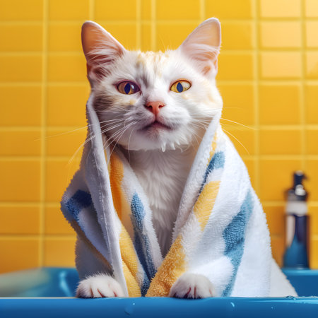 Cute cat with towel on head in bathtub at home.の素材