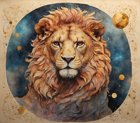 Portrait of a lion on the background of the night sky.の素材