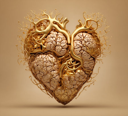Human heart with golden veins on beige background, 3d illustrationの素材