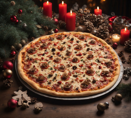 Pizza with salami and mushrooms on a wooden table with Christmas decorationsの素材