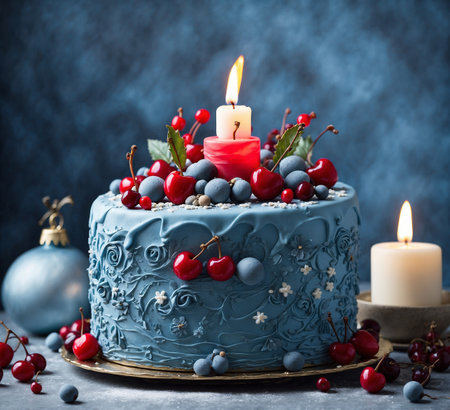 Blueberry and blueberry cake with candles on a blue background.の素材