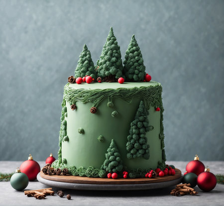 Beautiful Christmas cake with fir tree branches on table against color backgroundの素材