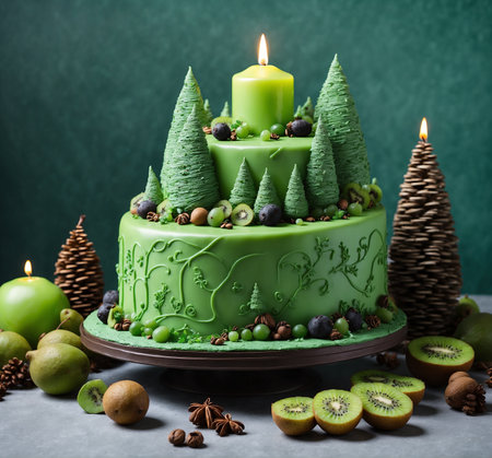 Christmas cake with green frostingrated with fir trees, kiwi, and applesの素材