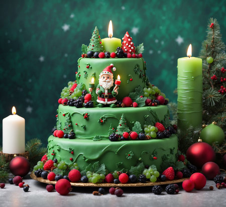 Christmas cake with berries, candles, and Christmas tree on green backgroundの素材