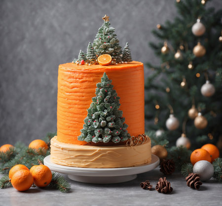 Christmas cake with tangerines and fir tree on a gray backgroundの素材